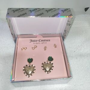 Juicy Couture Gold Plated Bows JC & Green Jeweled Drop Earring Jewelry Gift Set.